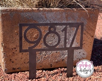 Mid Century Metal Address Yard Sign - Modern Address Sign - Metal Address House Number Sign With Stakes - MCM | Style A26