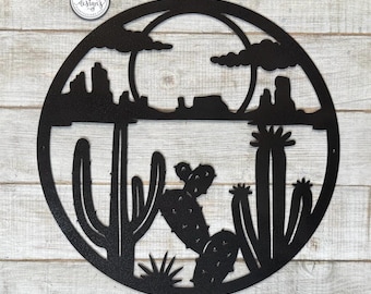 Cactus Desert Scene Metal Wall Art | Southwestern Mountain Scene Decor | Outdoor, Patio and Garden.