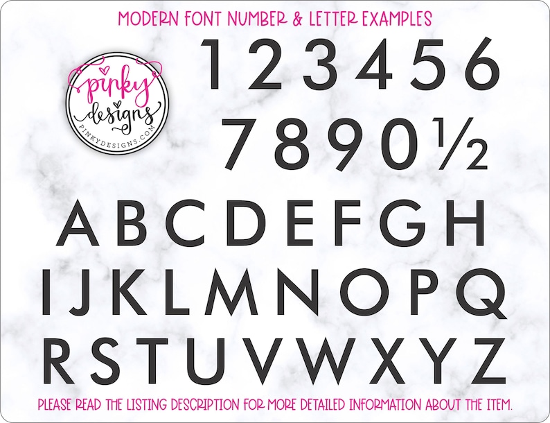 A chart showing the modern font number and letter examples.  It shows examples from 0 to 9 and from A to Z.