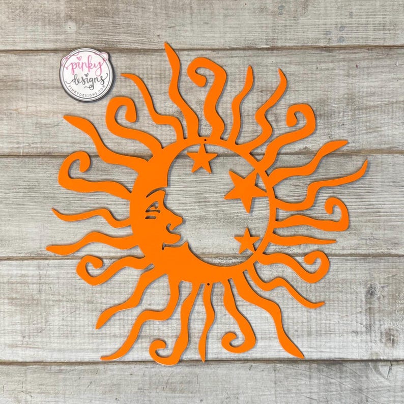 Wacky Sun, Moon and Stars Outdoor Metal Wall Decor Art | Patio and Garden Decor | Sun and Moon Decor. Orange