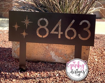 Modern Metal Address Yard Sign | Metal House Numbers With Stakes | Modern House Number Sign | Metal Art Deco Address Sign | MCM - Style A32