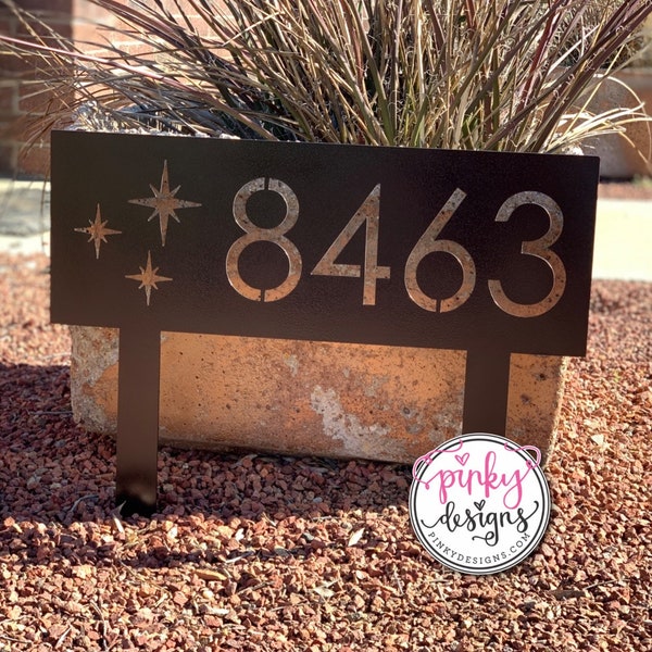 Modern Metal Address Yard Sign - Modern Address Sign - Metal Address House Number Sign With Stakes - MCM | Style A32