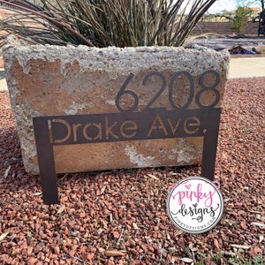 Modern House Number Yard Sign | Metal House Numbers with Street Name | Metal Address Yard Sign | Address Sign with Stakes - Style A34