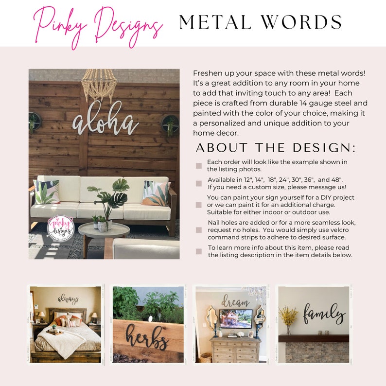 A metal words snippet telling about the sizing and finish options of the signs. It copies the first paragraph of the description and tells you to go to the description for more information.