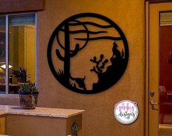 Coyote Southwestern Desert Scene | Southwest Metal Wall Art | Outdoor, Patio and Garden Decor | Howling Coyote.