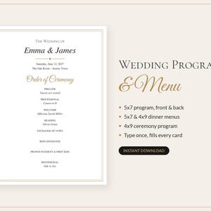 Puede incluir: Una tarjeta de programa de boda blanca con bordes dorados y texto negro con serifa que dice The Wedding of Emma & James, Order of Ceremony y detalles. A la derecha se listan tamaños de 12,7x17,8 cm y 10,2x22,9 cm para programas y menús.