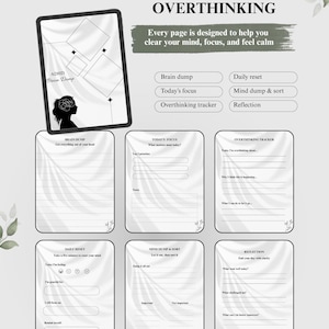 Puede incluir: Planificador digital de TDAH y sobrepensamiento con fondo blanco. El planificador incluye secciones para descargas cerebrales, reinicios diarios y reflexión. El texto en el planificador incluye "ADHD & OVERTHINKING" y "Cada página está diseñada para ayudarte a despejar tu mente, concentrarte y sentirte en calma."