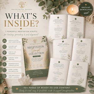 Pode incluir: Uma coleção de guiões de meditação intitulada Whispering Woods Wellness, com sete guiões guiados para cura e enraizamento. O conjunto inclui um livro aberto com práticas de meditação, uma vela e um cristal transparente.