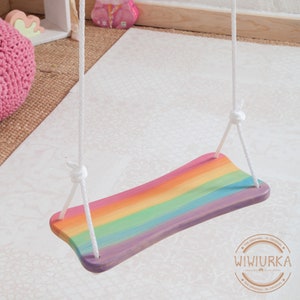 Pastel Rainbow Indoor Tree swing / Children wood swing / Wooden children swing / Children room decor image 3