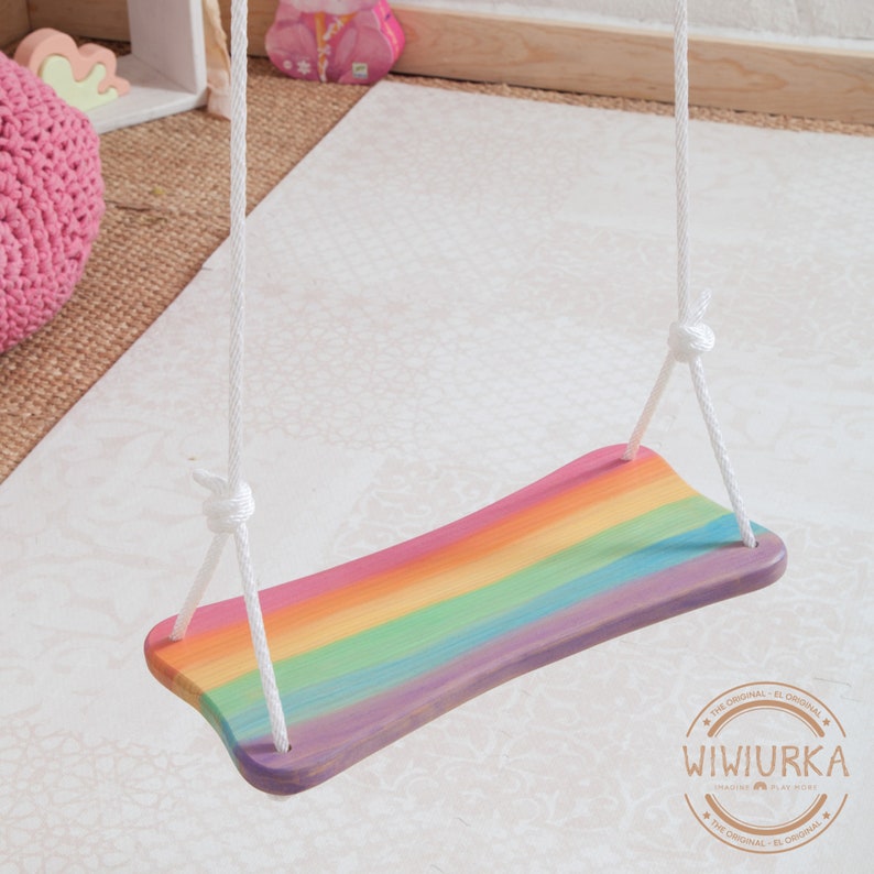 Pastel Rainbow Indoor Tree swing / Children wood swing / Wooden children swing / Children room decor image 3