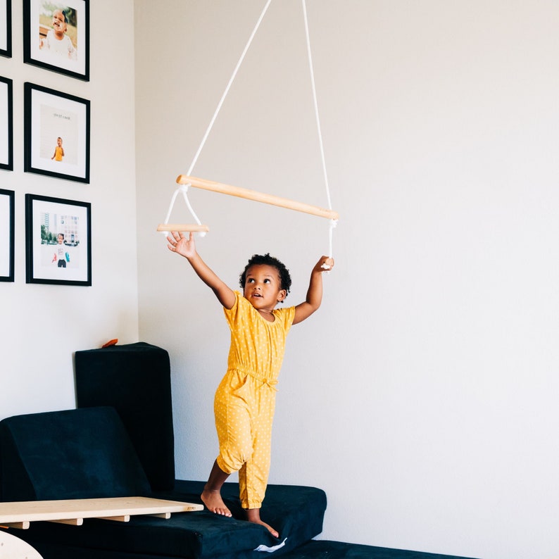 Wooden trapeze bar / White Rope Indoor play structure/ Wood swing / Indoor gym / Energy burning toy image 3