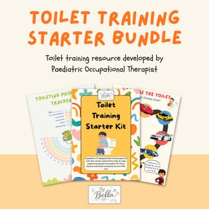 Può includere: Un kit di avvio per l'addestramento al vasino composto da tre fogli stampati. Il foglio centrale ha uno sfondo giallo con un bambino sul water e il titolo Toilet Training Starter Kit. I fogli laterali includono un tracker e una tabella con adesivi.