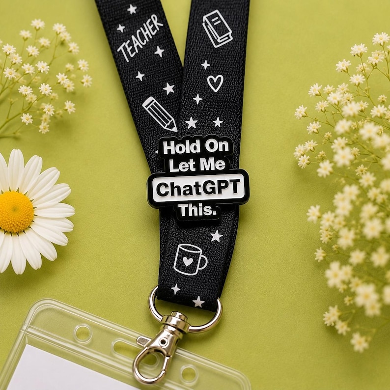 Hold On Let Me ChatGPT This hard enamel pin attached to a black teacher lanyard on a soft sage green background. Funny teacher badge perfect for lanyards, staff IDs, school bags and classroom accessories.