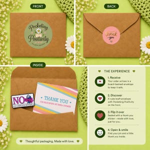 Pocketing Positivity teacher enamel pin packaging showing the kraft envelope front, back and inside with a floral “NO IS A COMPLETE SENTENCE” pin, thank you card and small business packaging details.