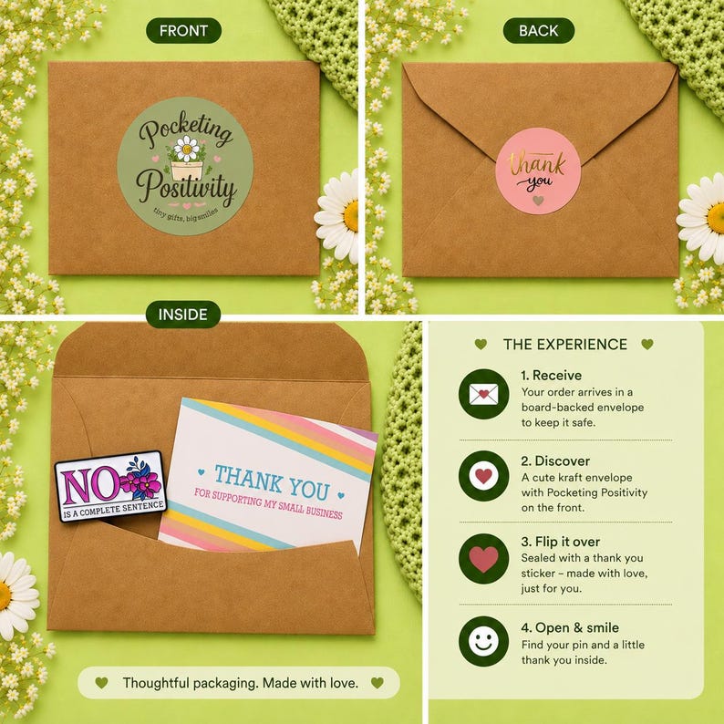 Pocketing Positivity teacher enamel pin packaging showing the kraft envelope front, back and inside with a floral “NO IS A COMPLETE SENTENCE” pin, thank you card and small business packaging details.