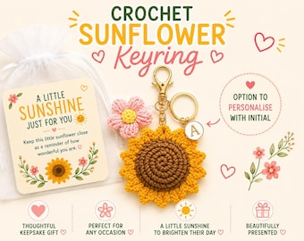 Personalised Sunflower Keyring, Crochet Flower Gift for Her, Initial Bag Charm, Thinking of You Gift, Little Sunshine Keepsake