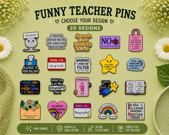 Funny Teacher Enamel Pin Badge, Mental Health Pin, Office Humour Gift, Coworker Gift, Choose Your Design, Lanyard Backpack Tote Pin