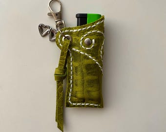 Leather Lighter Case Keychain, Y2K Green Lighter Holder Charm, Handmade Leather Lighter Cover, Cute Bag Charm Accessories, Cool Unique Gift