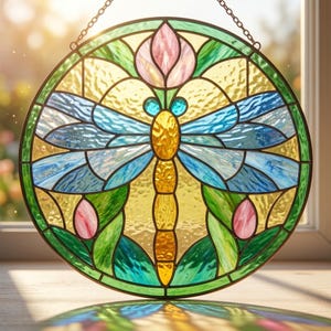 Op de afbeelding: Een ronde glas-in-lood zonnevanger met een centrale libel met een geel lichaam en blauwe vleugels. Het ontwerp bevat roze bloemknoppen aan de onderkant en een grotere roze bloem aan de bovenkant, tegen een gele en groene achtergrond.