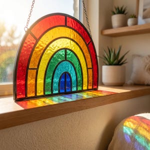 Peut inclure: Un capteur de soleil en vitrail en forme de demi-cercle présentant un motif arc-en-ciel avec des bandes concentriques de verre rouge, orange, jaune, vert, bleu et violet. L'objet est encadré de métal sombre et suspendu par une chaîne argentée.