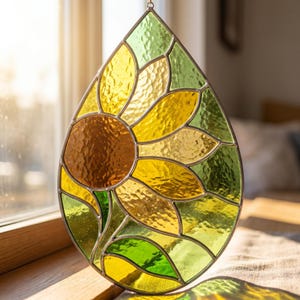 May include: A teardrop-shaped stained glass suncatcher featuring a sunflower design. The piece is constructed with textured yellow, amber, and green glass segments held together by thin metal solder lines, forming a floral pattern.