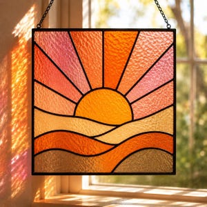 Desert Sunrise Stained Glass Pattern PDF , Sunburst Landscape Digital Download , Geometric Sunset Glass Art Pattern SVG for Cricut