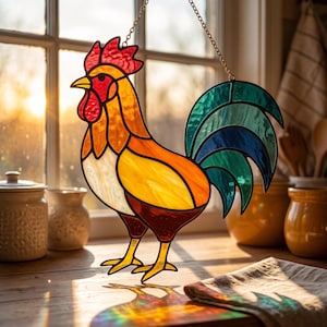 Könnte beinhalten: Ein Sonnenfänger aus Buntglas in Form eines Hahns mit rotem Kamm, gelb-orangem Körper und blau-türkisen Schwanzfedern. Das Objekt hängt an einer dünnen Metallkette und besticht durch seine leuchtenden Farben, die das natürliche Licht einfangen.
