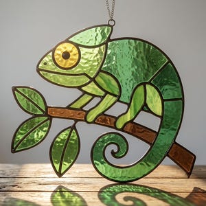 Puede incluir: Un atrapasoles de vidrieras con forma de camaleón posado en una rama. El camaleón está hecho de vidrio verde texturizado con un ojo amarillo brillante, mientras que la rama es marrón. Presenta soldaduras de metal oscuro y una cadena.
