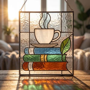 Op de afbeelding: Een vierkante glas-in-lood zonnevanger met een witte koffiekop met stoom boven een stapel van drie boeken in blauw, groen en oranje. Een enkel groen blad is aan de zijkant bevestigd, alles omlijst door donkere loden lijnen in een metalen frame.