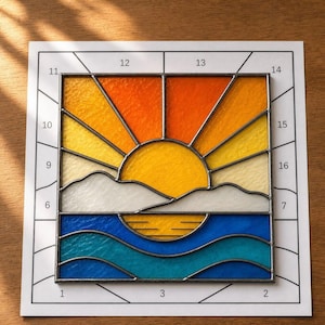 Sunset sea Stained Glass Pattern PDF SVG , Ocean Sunburst Digital Download , Easy Glass Sun Catcher Pattern , Horizon Mountain Waves DIY