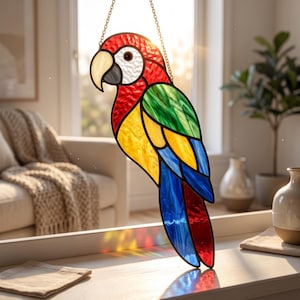 May include: A stained glass suncatcher shaped like a parrot with vibrant red, yellow, green, and blue glass panels. The bird features a white face, a light-colored beak, and a black eye, suspended by a thin metal chain for hanging in a window.