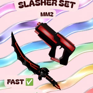 Könnte beinhalten: Ein digitales Slasher Set MM2 mit einer schwarz-roten, geschwungenen Klinge und einer passenden schwarz-roten Pistole. Das Bild enthält den Text SLASHER SET MM2, FAST und CHEAP vor einem Hintergrund aus wellenförmigen, irisierenden Bändern.