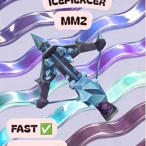 Könnte beinhalten: Eine digitale Illustration einer Armbrust namens ICEPIERCER MM2 mit dunkelvioletten Rahmenelementen und hellblauen kristallinen Eissplittern an der Struktur. Das Bild enthält die Textbeschriftungen ICEPIERCER MM2, FAST und CHEAP.