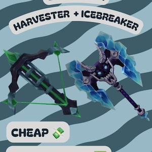 以下が含まれることがあります： Harvesterという緑と黒のクロスボウ、Icebreakerという青と紫の氷の斧が描かれたデジタル画像。背景は青い波模様で、BOW PACK、HARVESTER + ICEBREAKER、CHEAP、FAST DELIVERYという文字が記載されています。