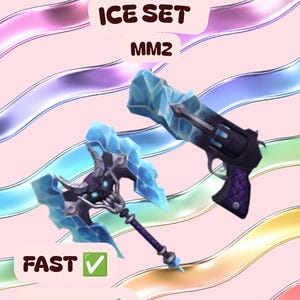 以下が含まれることがあります： ICE SET MM2のデジタルイラスト。スカルモチーフとギザギザの青い氷の刃を持つダブルブレードアックスと、青い氷の銃身と濃い紫色のグリップを持つリボルバーが描かれています。テキストには「ICE SET MM2」「FAST」「CHEAP」と書かれています。