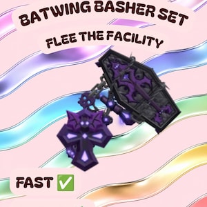 Puede incluir: Un conjunto de objetos de juego digital titulado BATWING BASHER SET FLEE THE FACILITY, que presenta un martillo negro en forma de ataúd con detalles morados y un arma en forma de cruz con alas de murciélago y acentos brillantes.