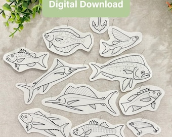 May include: A collection of black and white line art illustrations featuring various fish species, a fishing anchor, and fishing lures. The set includes a flatfish, a swordfish, a mahi-mahi, and other aquatic creatures, all labeled as a Digital Download.