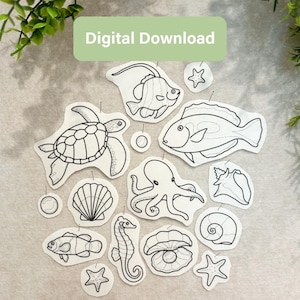 May include: A collection of black and white line art illustrations featuring various sea creatures including a sea turtle, octopus, seahorse, fish, starfish, and seashells. The image includes a green rectangular label with the text Digital Download.