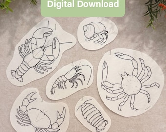 May include: A collection of six black and white line art illustrations of marine creatures including a lobster, a hermit crab, a shrimp, a crab, and an isopod, each on a separate white paper cutout with the text Digital Download at the top.