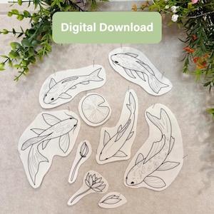 May include: A collection of black and white line art illustrations featuring four koi fish, two lotus flowers, and one lily pad. The designs are presented as individual cutouts on a light background, labeled with the text Digital Download.