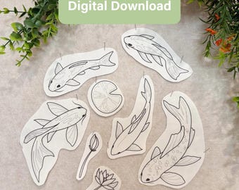 May include: A collection of black and white line art illustrations featuring four koi fish, two lotus flowers, and one lily pad. The designs are presented as individual cutouts on a light background, labeled with the text Digital Download.
