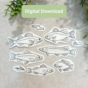 May include: A collection of black and white line art illustrations of various fish and a fishing lure on white paper cutouts. The text Digital Download is printed in white on a light green rectangular background at the top of the image.