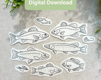 May include: A collection of black and white line art illustrations of various fish and a fishing lure on white paper cutouts. The text Digital Download is printed in white on a light green rectangular background at the top of the image.
