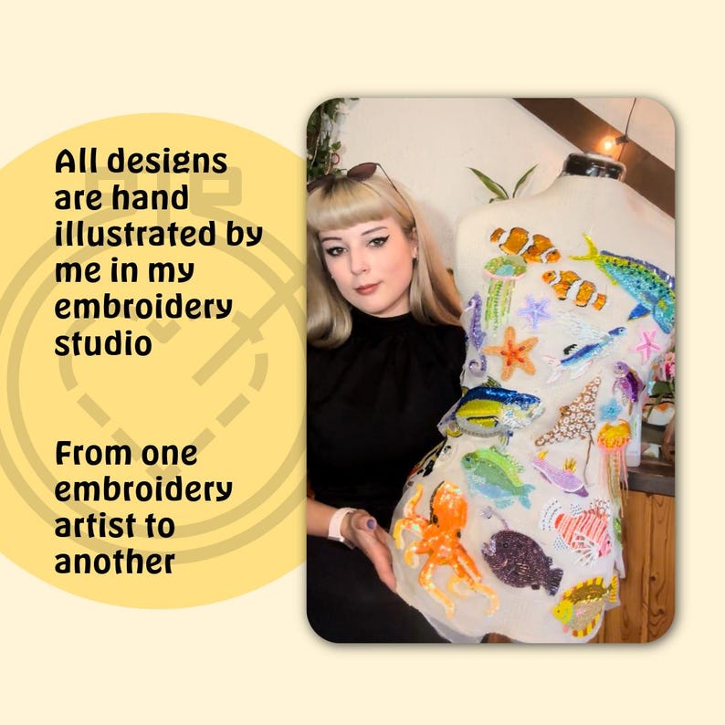 May include: A white garment displayed on a mannequin featuring various colorful embroidered sea creatures including an orange octopus, clownfish, and tropical fish. The text reads: All designs are hand illustrated by me in my embroidery studio. From one embroidery artist to another.
