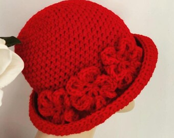 Crochet Bucket Hat, Womens Red Hat With Flowers