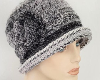 Crochet Cloche Hat - Grey Tones With Flowers - Women display picture 2