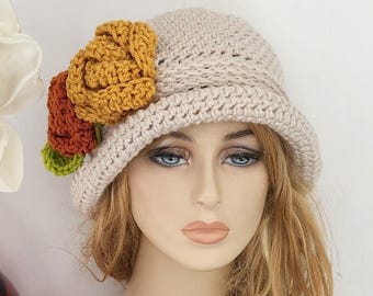 Crochet Cloche Hat, Flapper Style Beanie with Flowers, Womens Bucket Hat