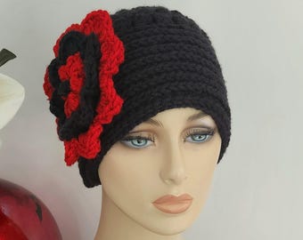Black Crocheted Skull Cap With Flower on Side for Women - Etsy