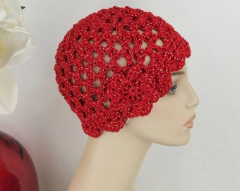 Hand-Crocheted Skull Cap Hat w/ Retro Flower, Summer Mesh Beanie,  Red Metallic Cap, Metallic Festival Hat, Party Hat, Handmade Summer Hat