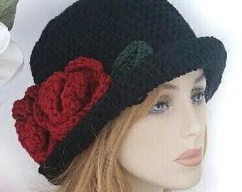 Crochet Womens Hat, Bucket Hat With Flowers